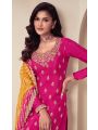 Traditional Elegant Vibrant Hot Pink Embroidered Chinnon Silk Sharara Suit