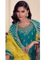 Authentic Festive Peacock Teal Embroidered Chinnon Silk Sharara Suit