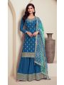 Elegant  Festive Deep Teal Blue Embroidered Chinnon Silk Sharara Suit