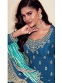 Elegant  Festive Deep Teal Blue Embroidered Chinnon Silk Sharara Suit