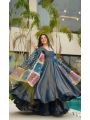 Authentic Festive Steel Blue Roman Shimmer Silk  Gown Anarkali Suit
