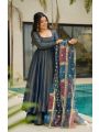 Authentic Festive Steel Blue Roman Shimmer Silk  Gown Anarkali Suit
