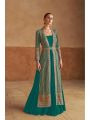 Authentic Elegant Peacock Green  Embroidered Georgette Jacket Gown Set