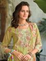Traditional Casual Olive Green Schiffli Embroidered Linen Straight Suit