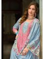 Elegant Casual Pastel Blue & Pink Schiffli Embroidered Linen Straight Suit