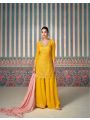 Traditional Elegant Festive yellow Chinnon Silk Sharara Suit