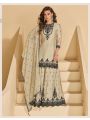 Traditional Festive Beige Chinnon Silk Heavy Embroidered Plazo Suit