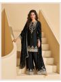 Traditional Festive Black Chinnon Silk Heavy Embroidered Plazo Suit