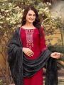 Authentic Festive Maroon Rayon Embroidered Straight Suit