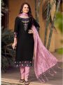 Festive Traditional Ethnic Black & Pink Rayon Embroidered Straight Suit