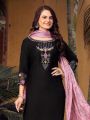 Festive Traditional Ethnic Black & Pink Rayon Embroidered Straight Suit