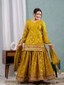 Authentic Traditional Mustard Yellow Chinnon Silk Embroidered Plazo Suit