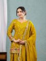 Authentic Traditional Mustard Yellow Chinnon Silk Embroidered Plazo Suit