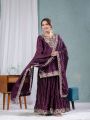Traditional Festive Elegant Deep Plum Chinnon Silk Embroidered Sharara Suit