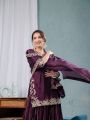 Traditional Festive Elegant Deep Plum Chinnon Silk Embroidered Sharara Suit