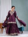 Traditional Festive Elegant Deep Plum Chinnon Silk Embroidered Sharara Suit