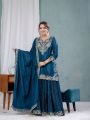 Elegant Traditional Ethnic Teal Blue Chinnon Silk Embroidered Sharara Suit