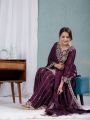 Traditional Festive Elegant Deep Plum Chinnon Silk Embroidered Sharara Suit