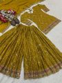 Authentic Traditional Mustard Yellow Chinnon Silk Embroidered Plazo Suit