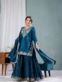Elegant Traditional Ethnic Teal Blue Chinnon Silk Embroidered Sharara Suit