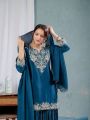 Elegant Traditional Ethnic Teal Blue Chinnon Silk Embroidered Sharara Suit