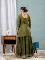 Traditional Festive Olive Green Chinnon Silk Embroidered Sharara Suit