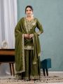 Traditional Festive Olive Green Chinnon Silk Embroidered Sharara Suit