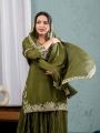 Traditional Festive Olive Green Chinnon Silk Embroidered Sharara Suit