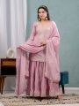 Authentic Elegant Pastel Pink Chinnon Silk Embroidered Sharara Suit