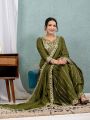 Traditional Festive Olive Green Chinnon Silk Embroidered Sharara Suit