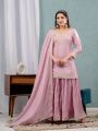 Authentic Elegant Pastel Pink Chinnon Silk Embroidered Sharara Suit