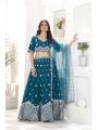 Teal Blue Faux Georgette Embroidered Lehanga