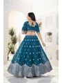 Teal Blue Faux Georgette Embroidered Lehanga