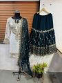 Authentic Traditional Festive Ivory & Deep Teal Sharara Suit