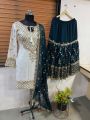 Authentic Traditional Festive Ivory & Deep Teal Sharara Suit