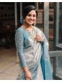 Elegant Silver & Teal Soft Lichi Silk Saree