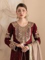 Authentic Maroon and Gold Faux Georgette Embroidered Sharara Suit