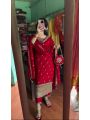Elegant Festive Rich Red Roman Silk Straight Suit
