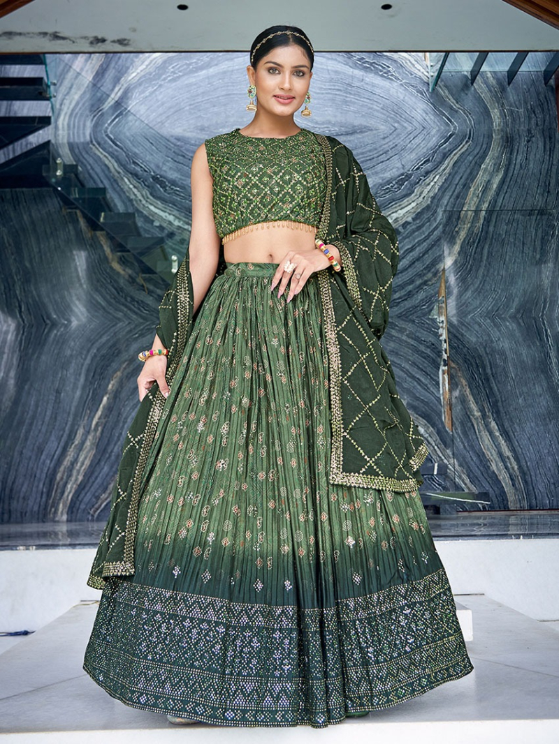 Elegant Traditional Ethnic Light Mehndi Green Chinnon Silk Lehanga suit
