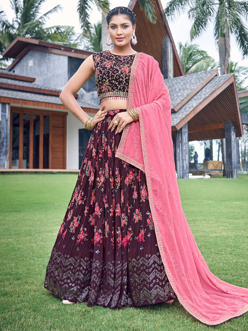 Festive Traditional Ethnic Dark Maroon Georgette Lehanga Suit