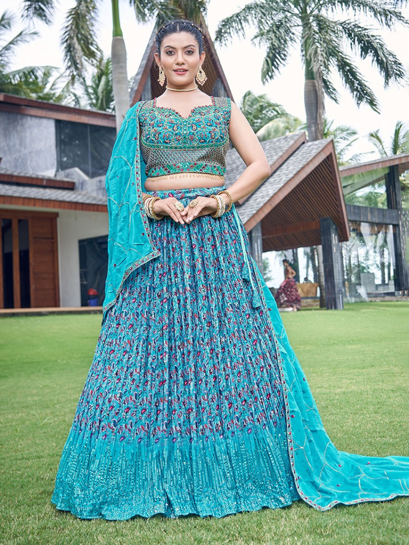 Ethnic Festive Traditional Sky Blue Chinnon Silk Lehanga Suit