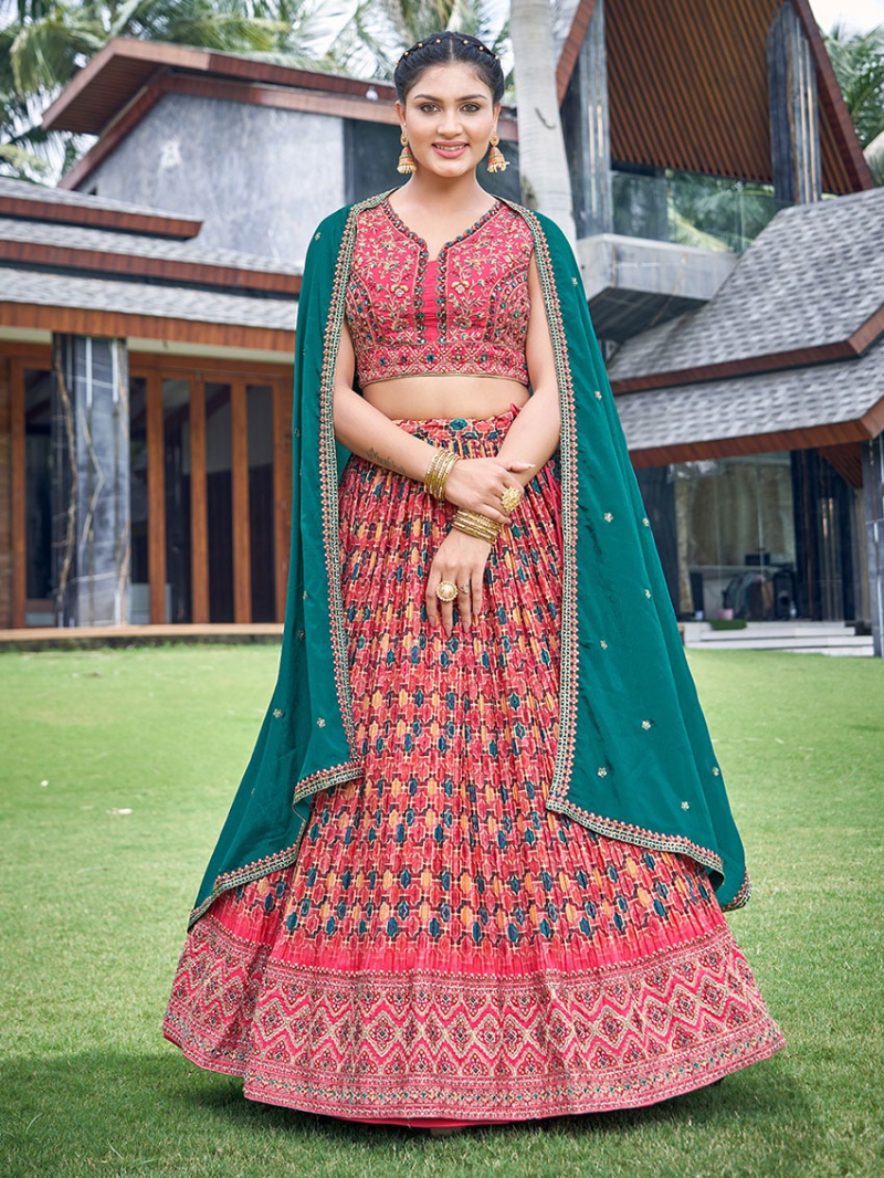 Ethnic Elegant Festive Traditional Red Pink Chinnon Silk Lehanga Suit