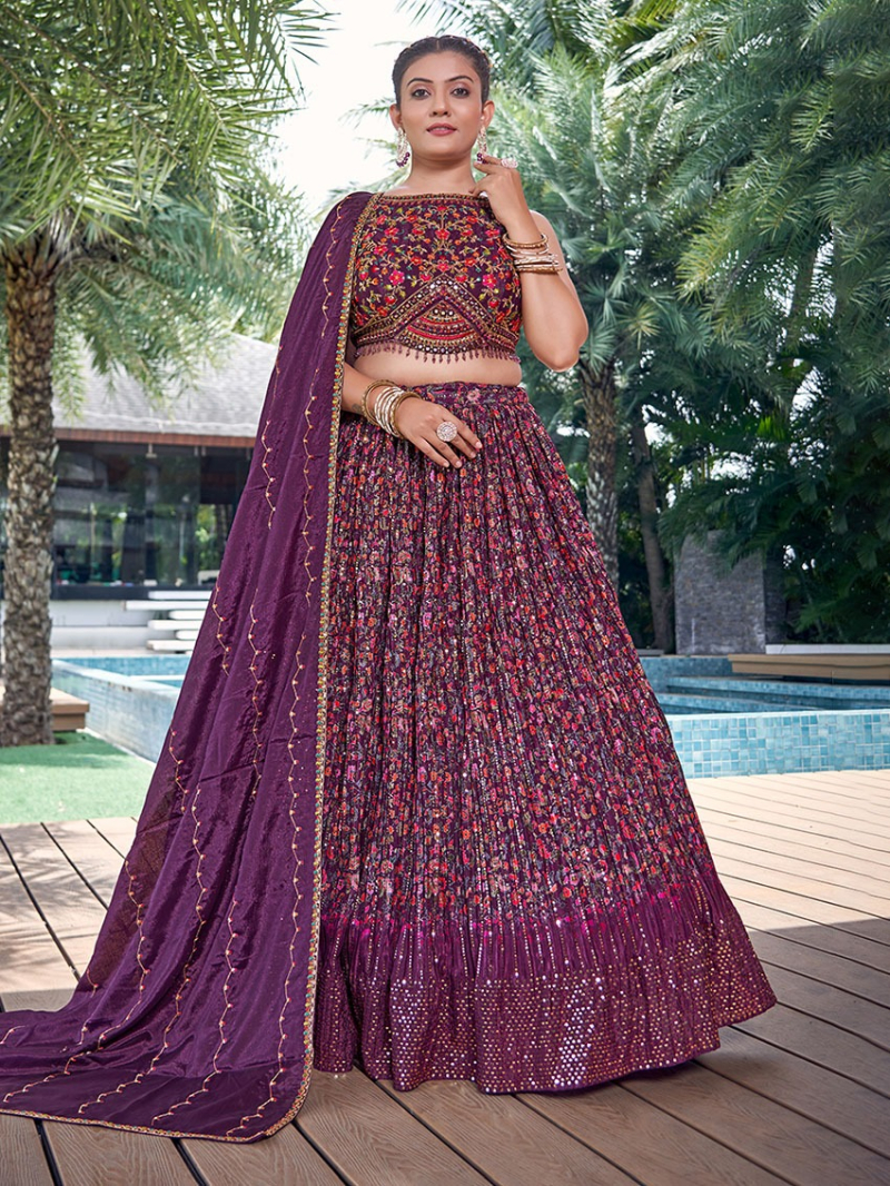 Traditional Ethnic Festive Elegant Deep Purple Chinnon Silk Lehanga Suit