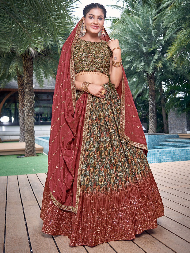 Ethnic Elegant Traditional Festive Light Mehndi Green Chinnon Silk Lehanga Suit