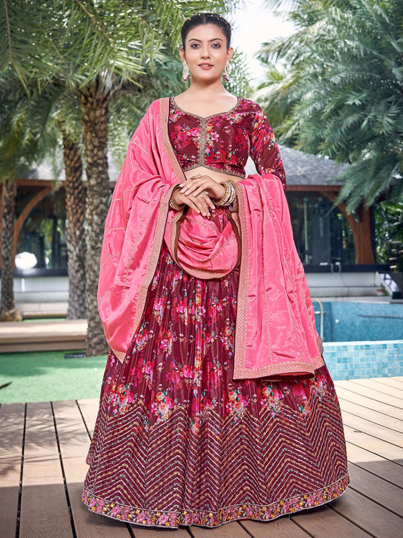 Elegant Festive Traditional Maroon Chinnon Silk Lehanga Suit