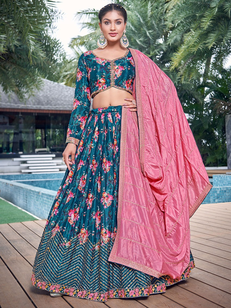 Authentic Elegant Festive Peacock Blue Chinnon Silk Lehanga Suit