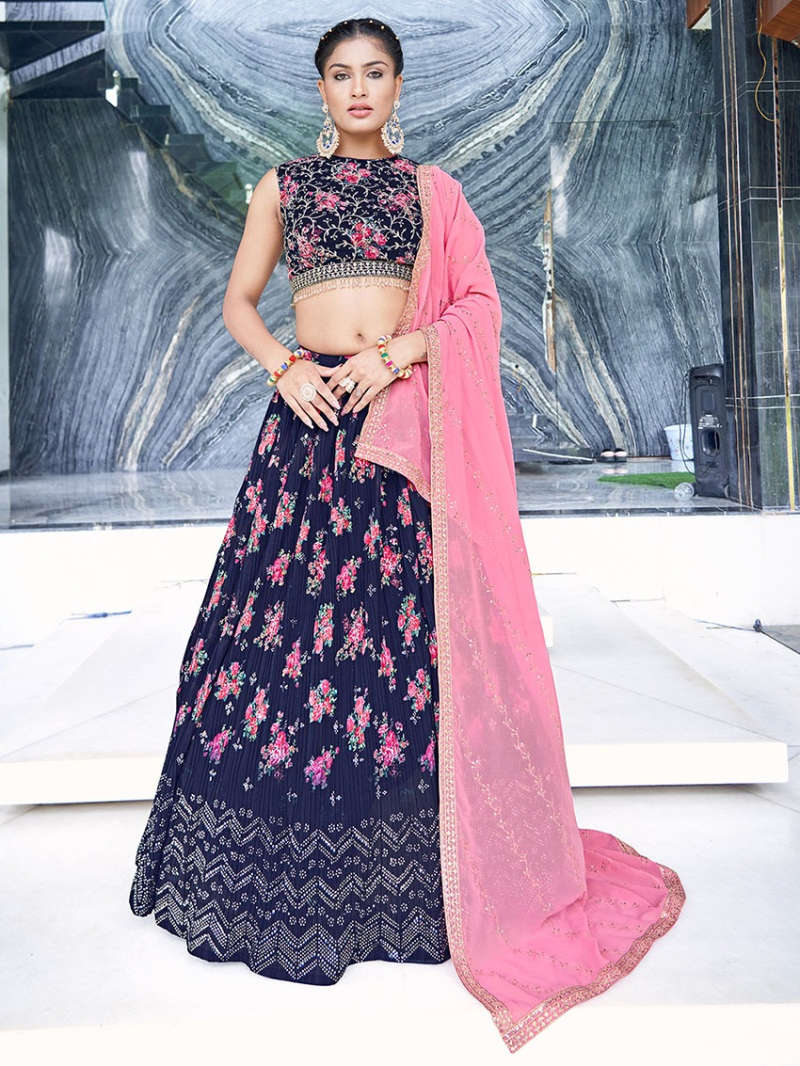 Elegant Ethnic Traditional Festive  Navy Blue Georgette Lehanga Suit