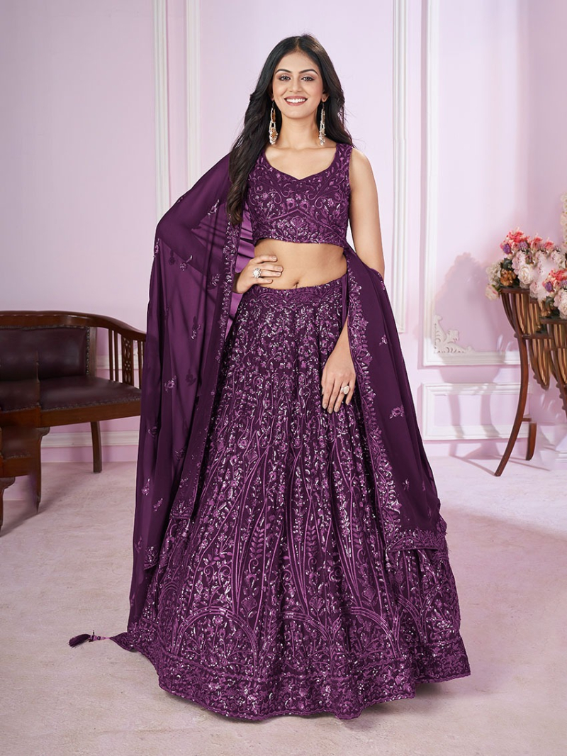 Ethnic Elegant Designer Festive Spanish Purple Georgette Lehanga Suit