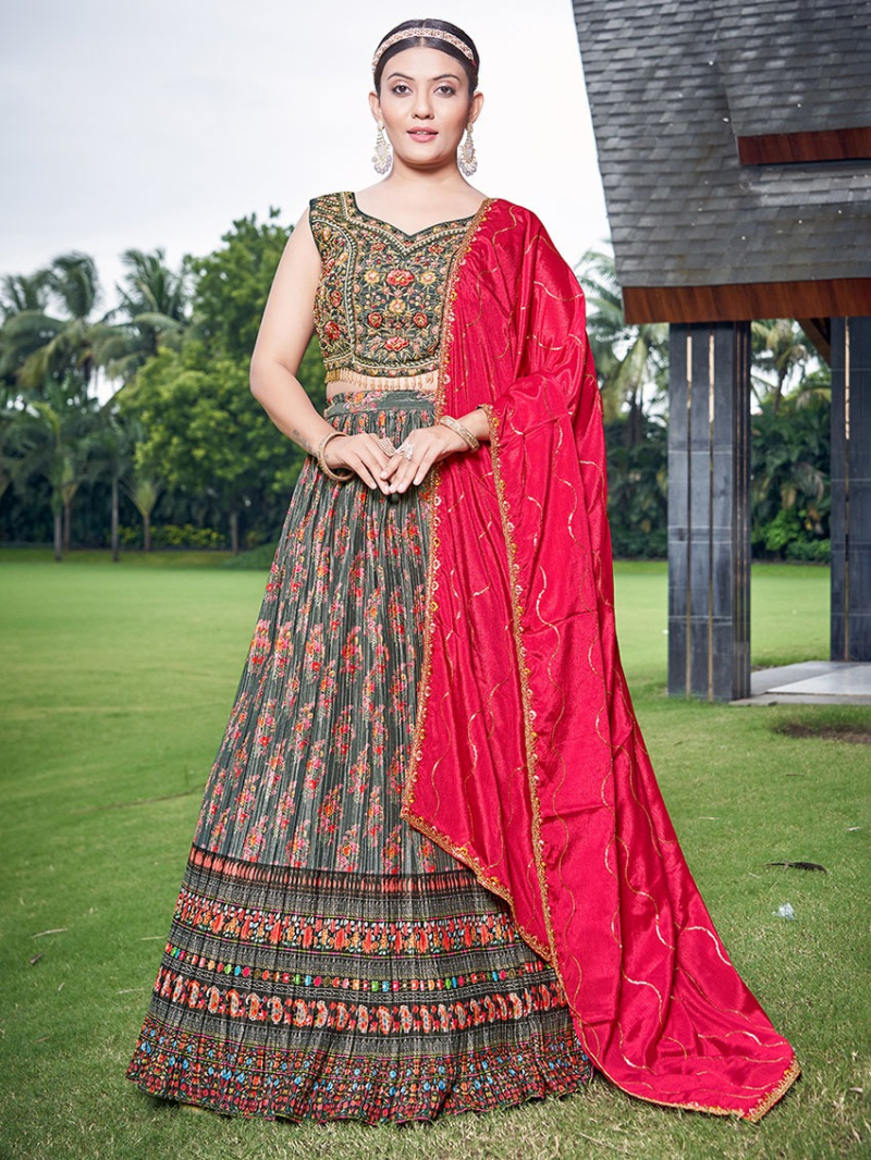 Authentic Traditional Festive Ethnic Grey Chinnon Silk Lehanga Suit