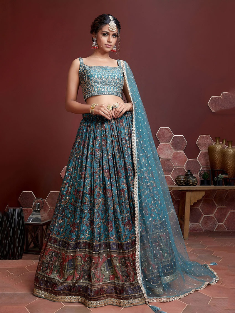 Authentic Elegant Festive Ethnic Peacock Blue Chinnon Silk Lehanga Suit